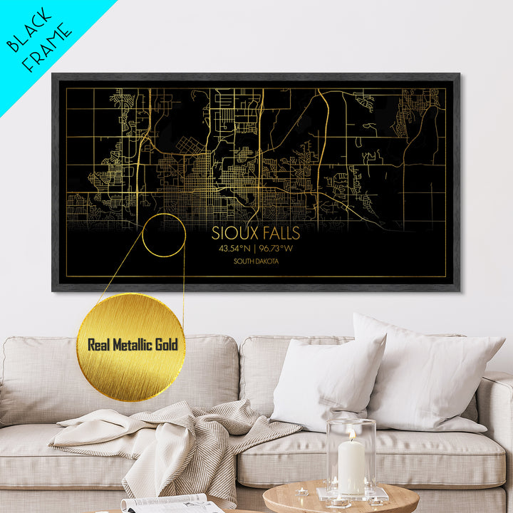 Sioux Falls South Dakota City street map, Metallic Gold Print, Metal Art, wood framed map, black and gold, Street Map Art, Best Friend Gifts