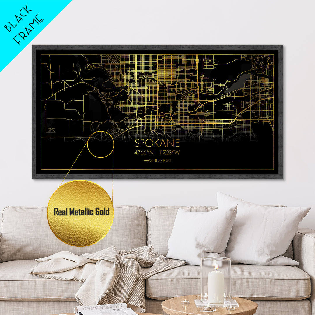 Spokane Washington City street map, Metallic Gold Print, Metal Art, wood framed map, black and gold, Street Map Art, Modern Wall Art