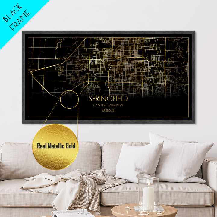 Springfield Missouri City Poster, Metallic Gold Art, Metal Art, real wood frames, black and gold, Street Map Wall Art, Minimalist Wall Art