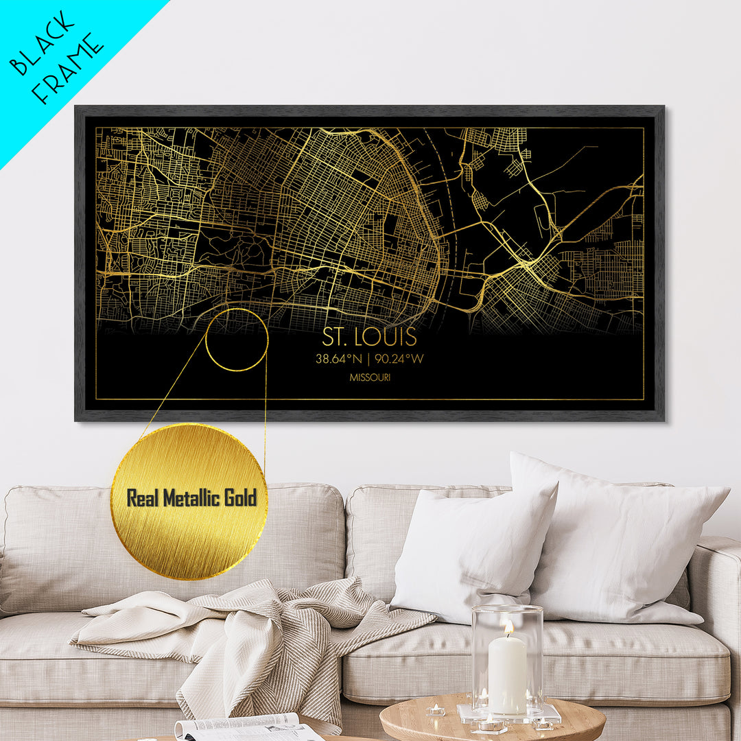 St. Louis Missouri City street map, Metallic Gold Print, Metal Art, wood framed map, black and gold, Street Map Art, Gold Street Map Art