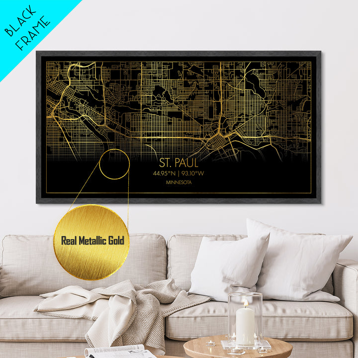 St. Paul Minnesota City Poster, Metallic Gold Art, Metal Art, real wood frames, black and gold, Street Map Wall Art, Map Art