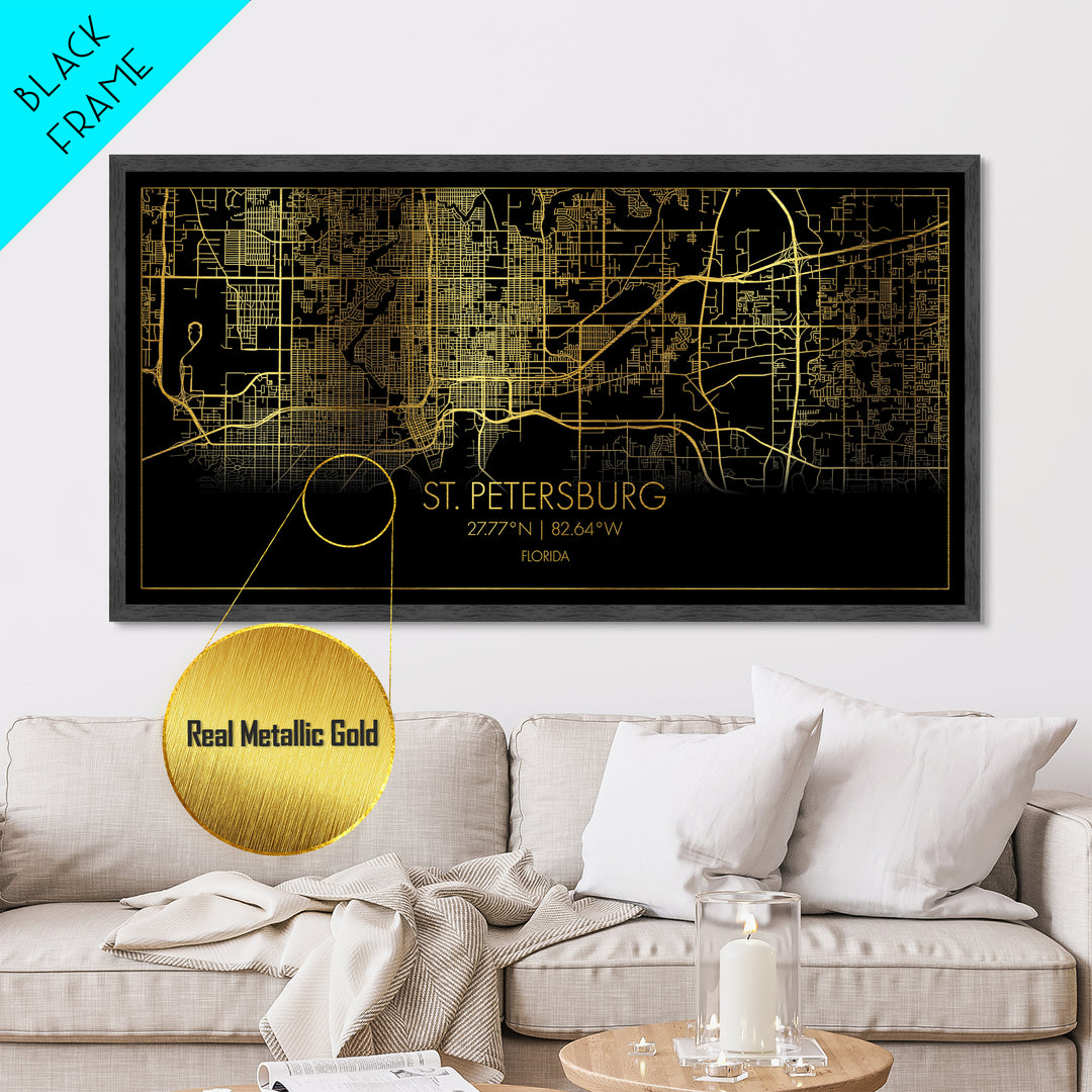 St. Petersburg Florida City street map, Metallic Gold Print, Metal Art, wood framed map, black and gold, Street Map Art, Real Wood Frames