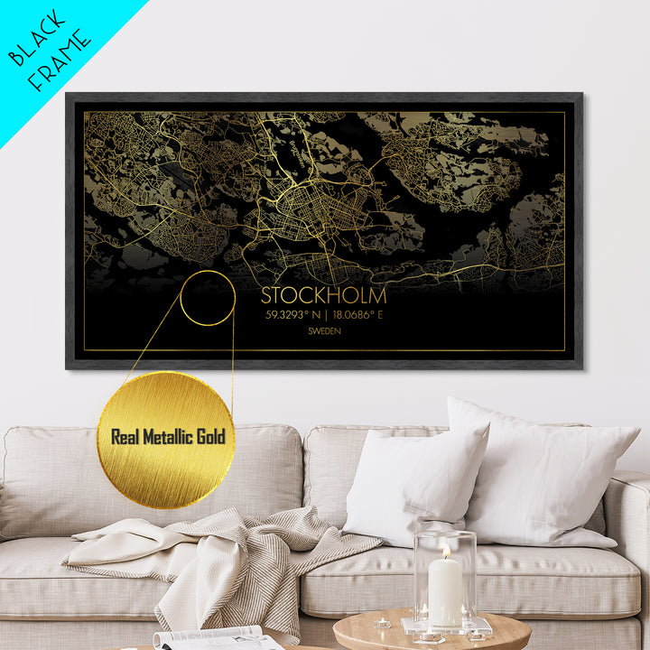 Stockholm Sweden City Poster, Metallic Gold Art, Metal Art, real wood frames, black and gold, Street Map Wall Art, Housewarming Gift