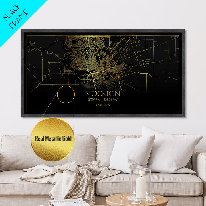Stockton California City street map, Metallic Gold Print, Metal Art, wood framed map, black and gold, Street Map Art, Modern Wall Art