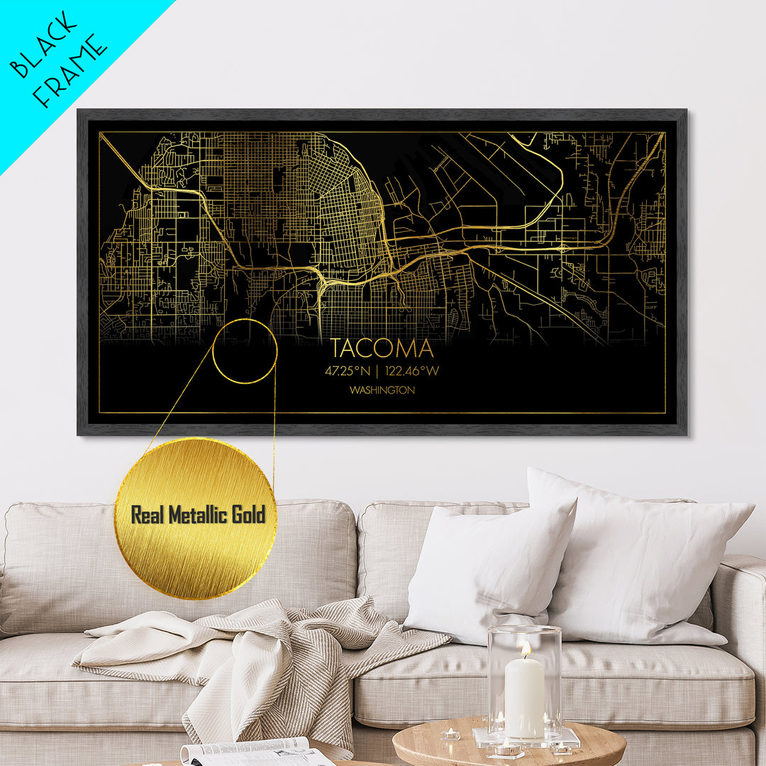 Tacoma Washington City Poster, Metallic Gold Art, Metal Art, real wood frames, black and gold, Street Map Wall Art, College Dorm Décor