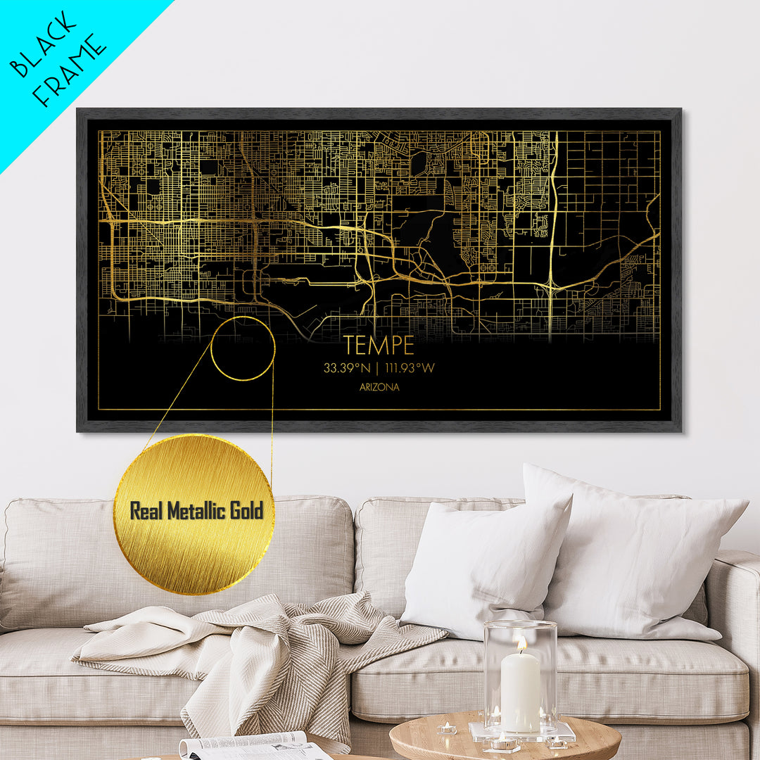Tempe Arizona City street map, Metallic Gold Print, Metal Art, wood framed map, black and gold, Street Map Art, Modern Wall Art