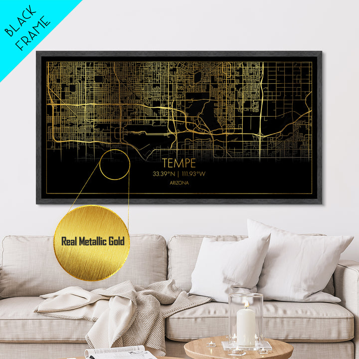Tempe Arizona City street map, Metallic Gold Print, Metal Art, wood framed map, black and gold, Street Map Art, Modern Wall Art