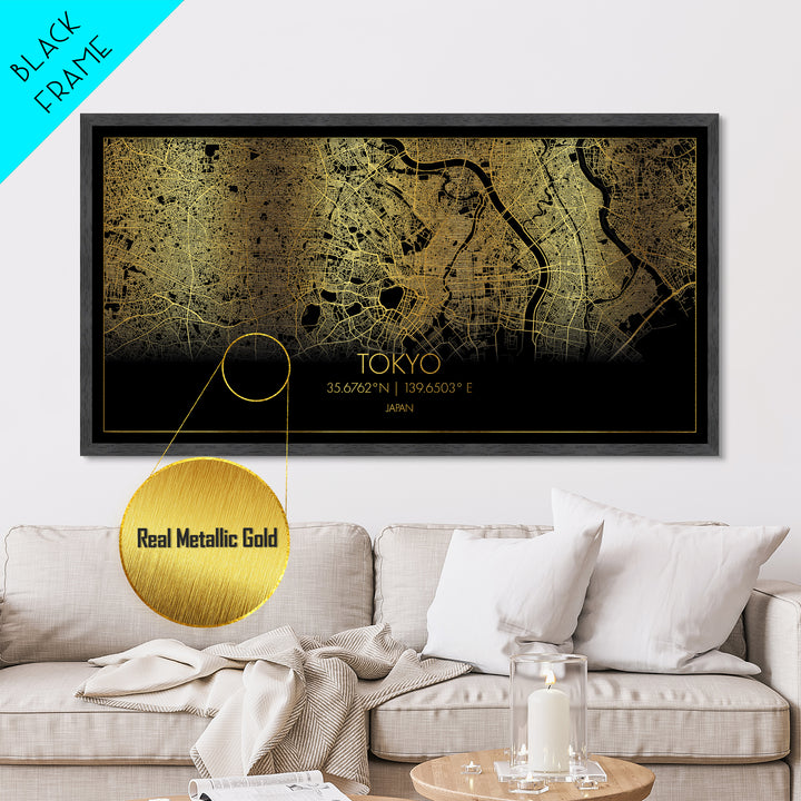 Tokyo Japan City Poster, Metallic Gold Art, Metal Art, real wood frames, black and gold, Street Map Wall Art, Minimalist Wall Art