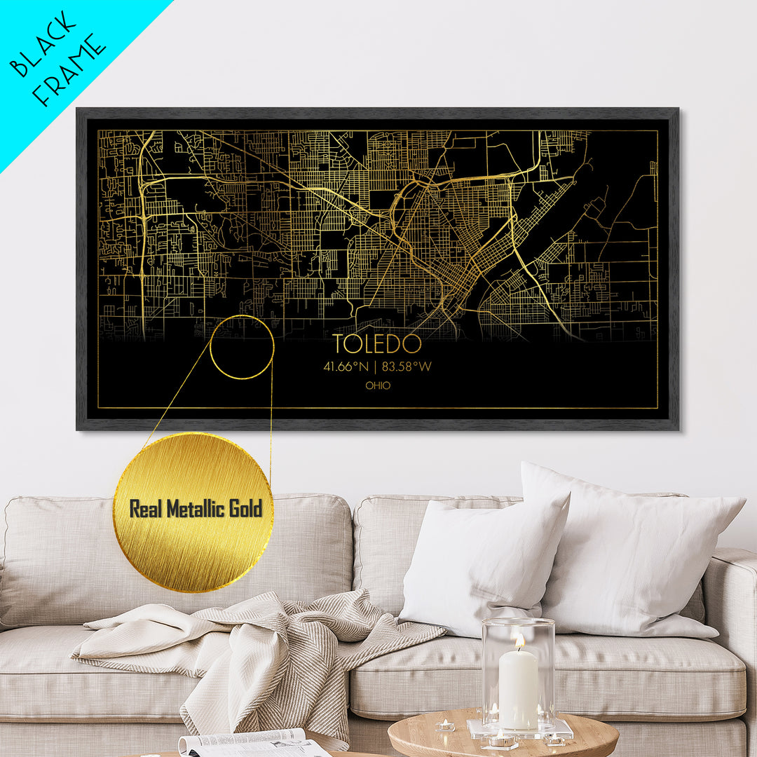 Toledo Ohio City street map, Metallic Gold Print, Metal Art, wood framed map, black and gold, Street Map Art, Gold Street Map Art