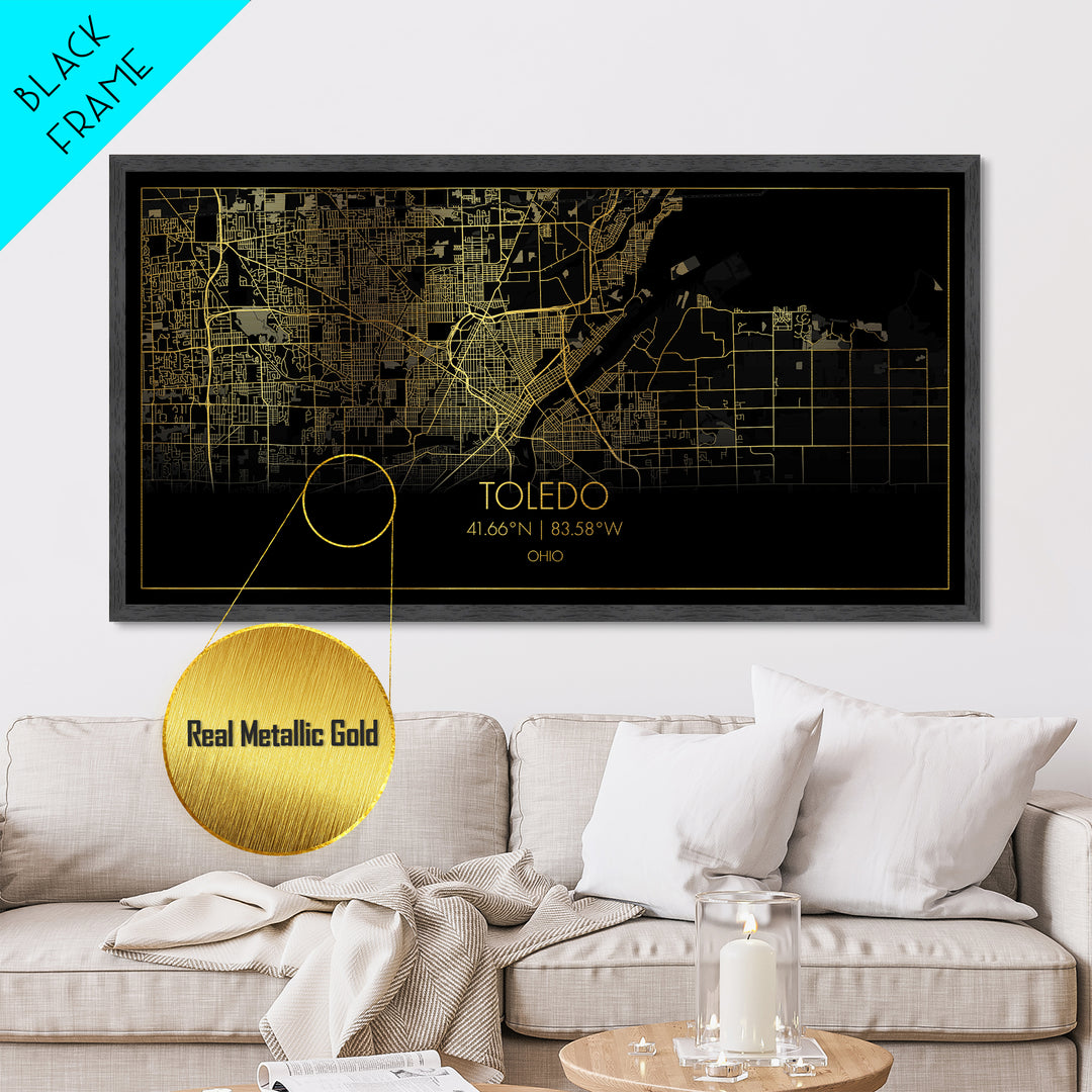 Toledo Ohio City Poster, Metallic Gold Art, Metal Art, real wood frames, black and gold, Street Map Wall Art, Real Wood Frames
