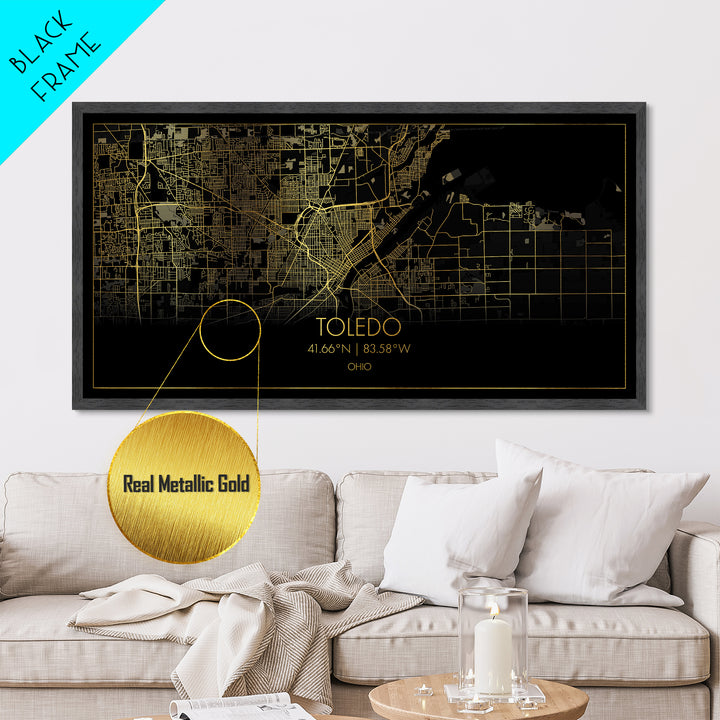 Toledo Ohio City Poster, Metallic Gold Art, Metal Art, real wood frames, black and gold, Street Map Wall Art, Real Wood Frames