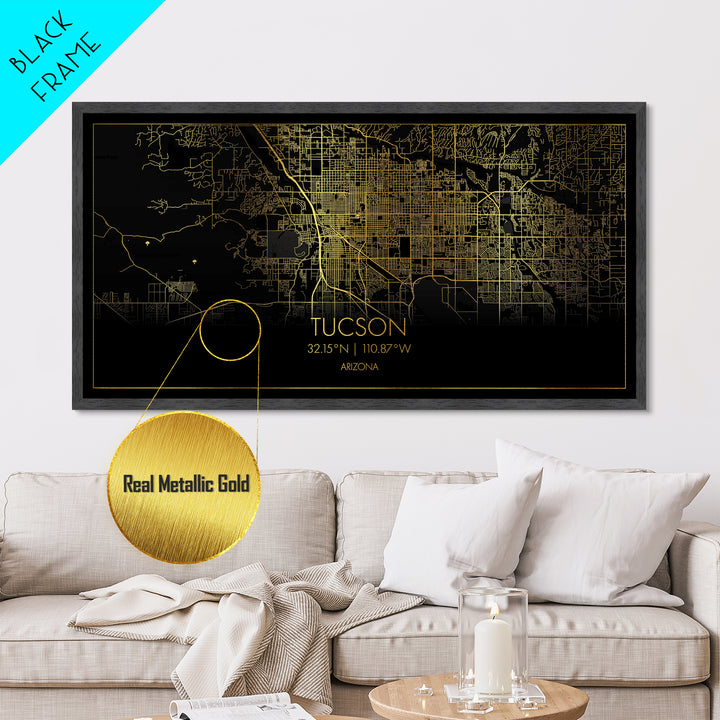 Tucson Arizona City street map, Metallic Gold Print, Metal Art, wood framed map, black and gold, Street Map Art, Housewarming Gift