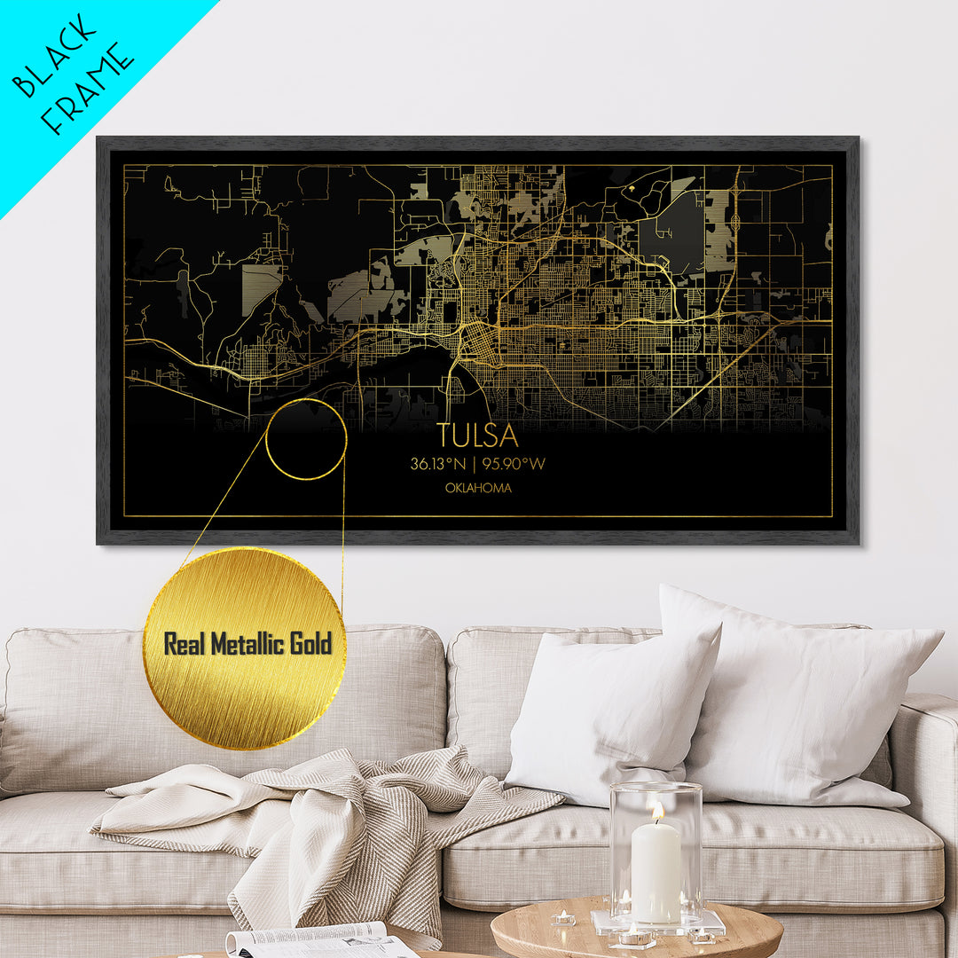 Tulsa Oklahoma City Poster, Metallic Gold Art, Metal Art, real wood frames, black and gold, Street Map Wall Art, Modern Wall Art