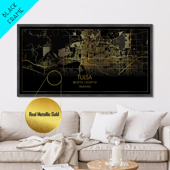 Tulsa Oklahoma City Poster, Metallic Gold Art, Metal Art, real wood frames, black and gold, Street Map Wall Art, Modern Wall Art