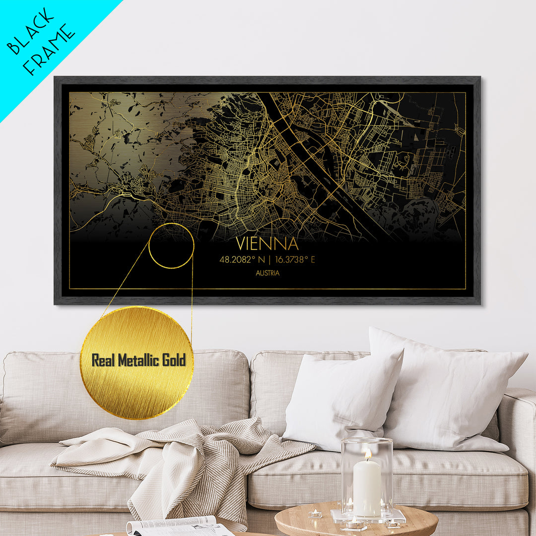 Vienna Austria City street map, Metallic Gold Print, Metal Art, wood framed map, black and gold, Street Map Art, Map Print Poster