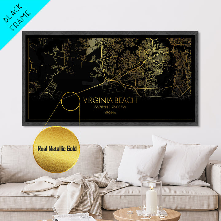Virginia Beach Virginia City Poster, Metallic Gold Art, Metal Art, real wood frames, black and gold, Street Map Wall Art, Best Friend Gifts