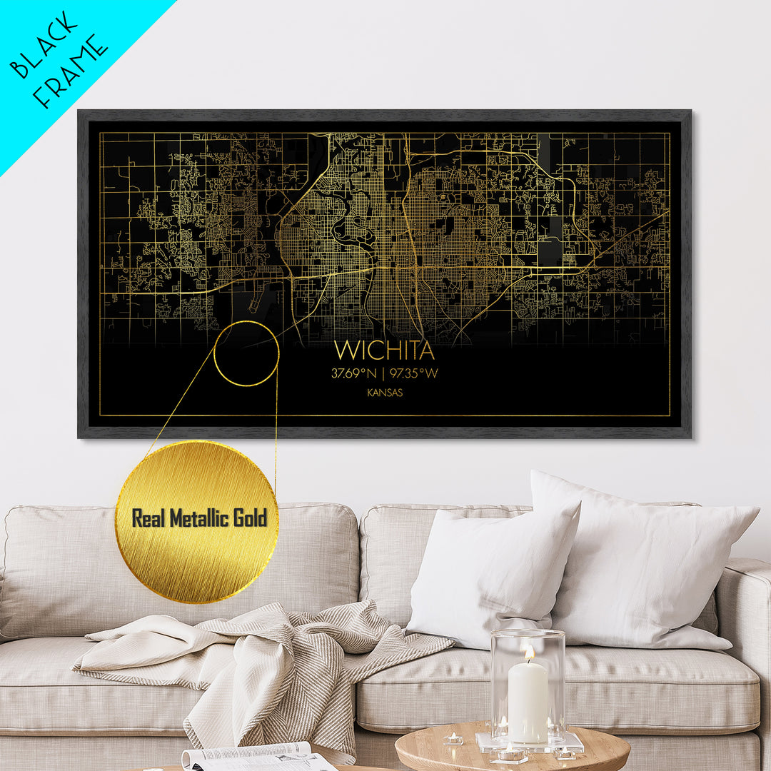 Wichita Kansas City street map, Metallic Gold Print, Metal Art, wood framed map, black and gold, Street Map Art, Minimalist Wall Art