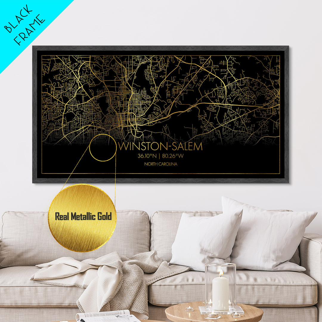Winston Salem North Carolina City Poster, Metallic Gold Art, Metal Art, real wood frames, black and gold, Street Map Wall Art, Housewarming Gift