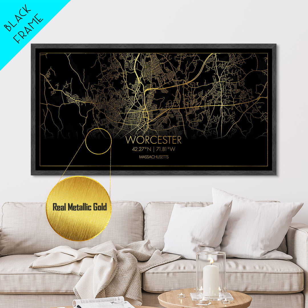 Worcester Massachusetts City street map, Metallic Gold Print, Metal Art, wood framed map, black and gold, Street Map Art, Modern Wall Art