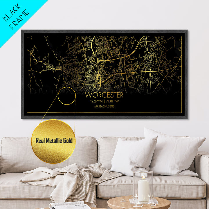 Worcester Massachusetts City street map, Metallic Gold Print, Metal Art, wood framed map, black and gold, Street Map Art, Modern Wall Art