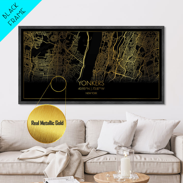 Yonkers New York City Poster, Metallic Gold Art, Metal Art, real wood frames, black and gold, Street Map Wall Art, Real Wood Frames