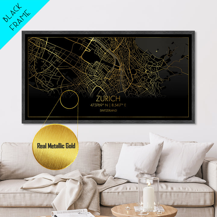 Zurich Switzerland City street map, Metallic Gold Print, Metal Art, wood framed map, black and gold, Street Map Art, Best Friend Gifts