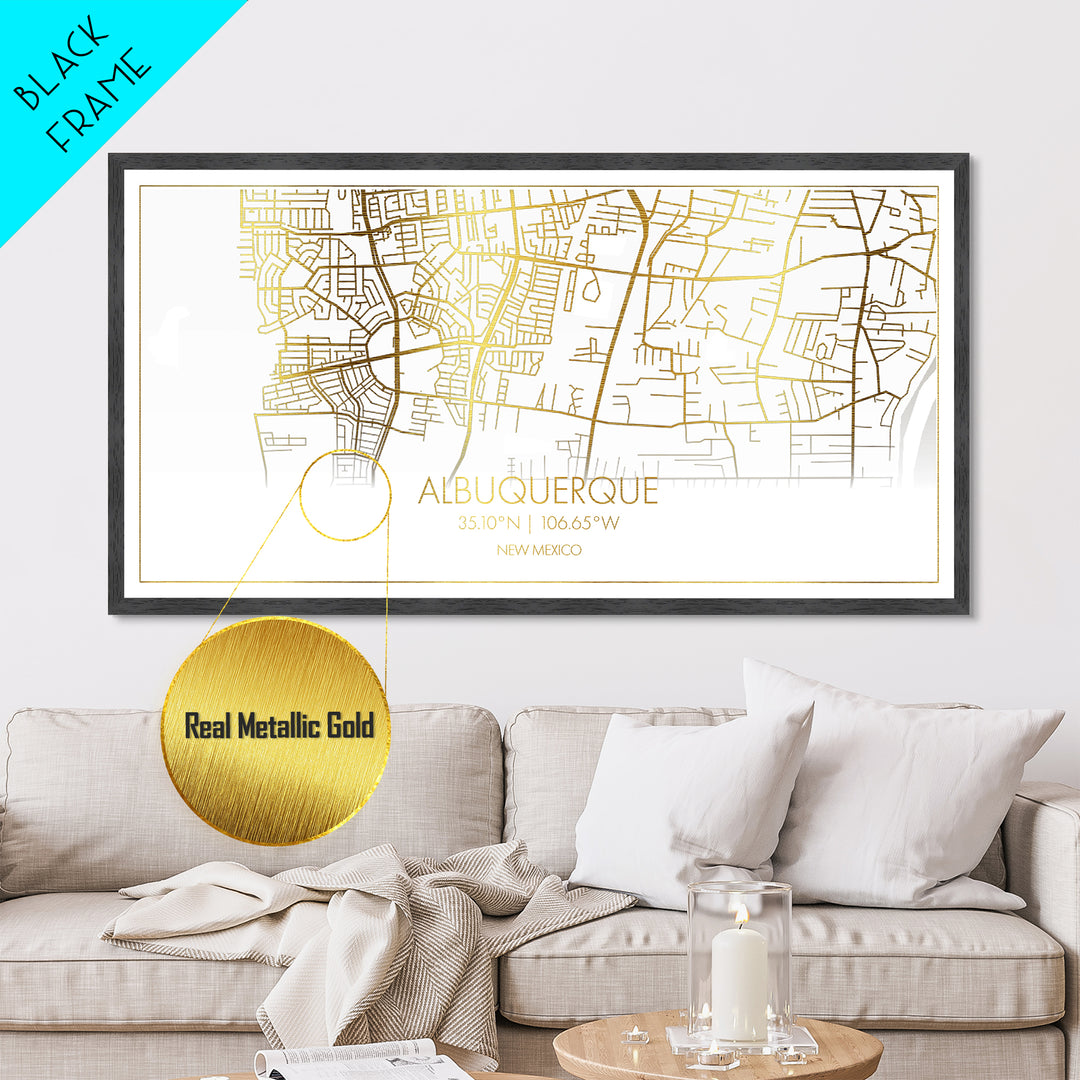 Albuquerque New Mexico City Poster, Metallic Gold Art, Metal Art, real wood frames, black and gold, Street Map Wall Art, Gold Street Map Art