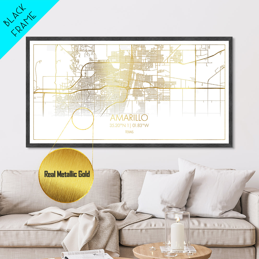 Amarillo Texas City street map, Metallic Gold Print, Metal Art, wood framed map, black and gold, Street Map Art, Minimalist Wall Art, Modern House Art