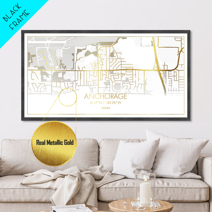 Anchorage Alaska City street map, Metallic Gold Print, Metal Art, wood framed map, black and gold, Street Map Wall Art, Best Friend Gifts, Modern Wall Art