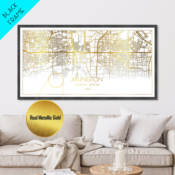 Arlington Texas City Poster, Metallic Gold Art, Metal Art, real wood frames, black and gold, Street Map Art, College Dorm Décor, Wall Art, Map Art