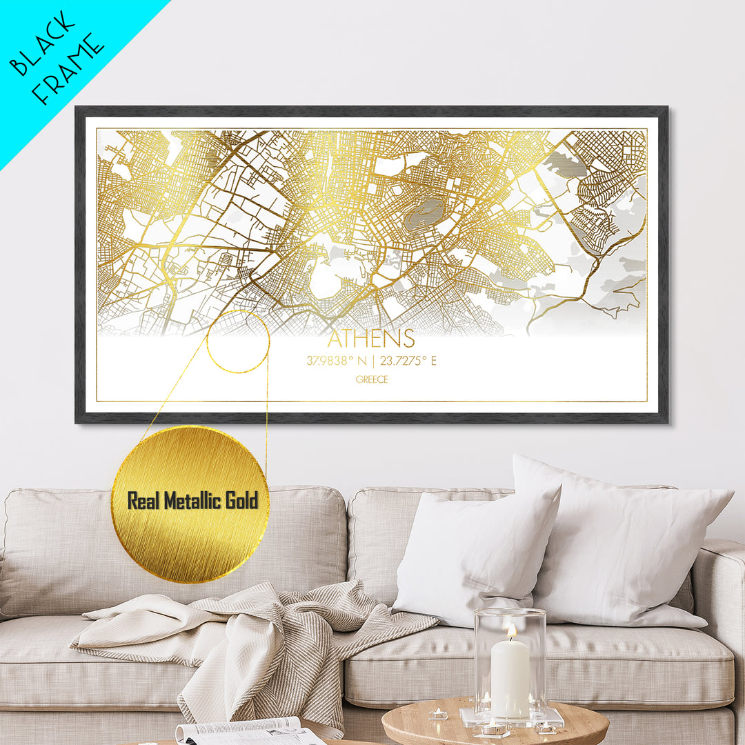 Athens Greece City street map, Metallic Gold Print, Metal Art, wood framed map, black and gold, Street Map Art, Housewarming Gift, Travel Poster