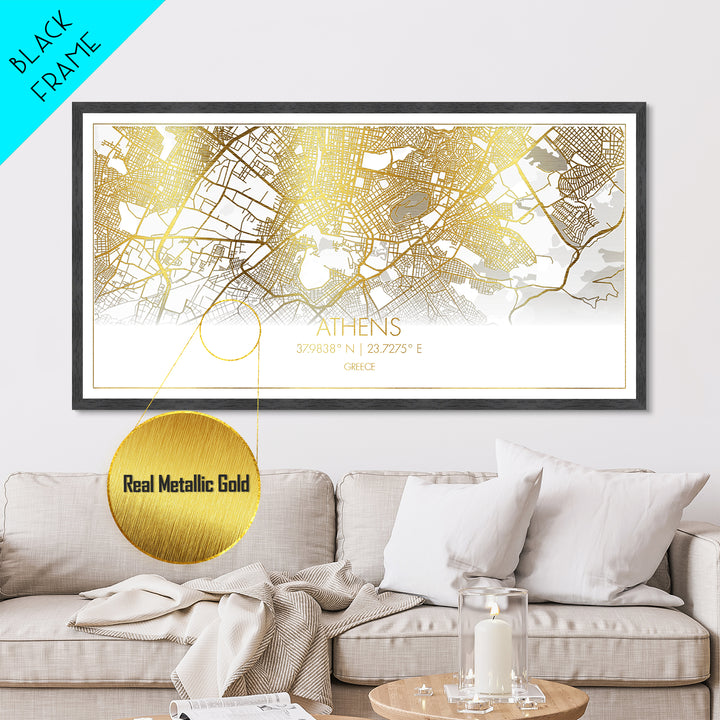 Athens Greece City street map, Metallic Gold Print, Metal Art, wood framed map, black and gold, Street Map Art, Housewarming Gift, Travel Poster