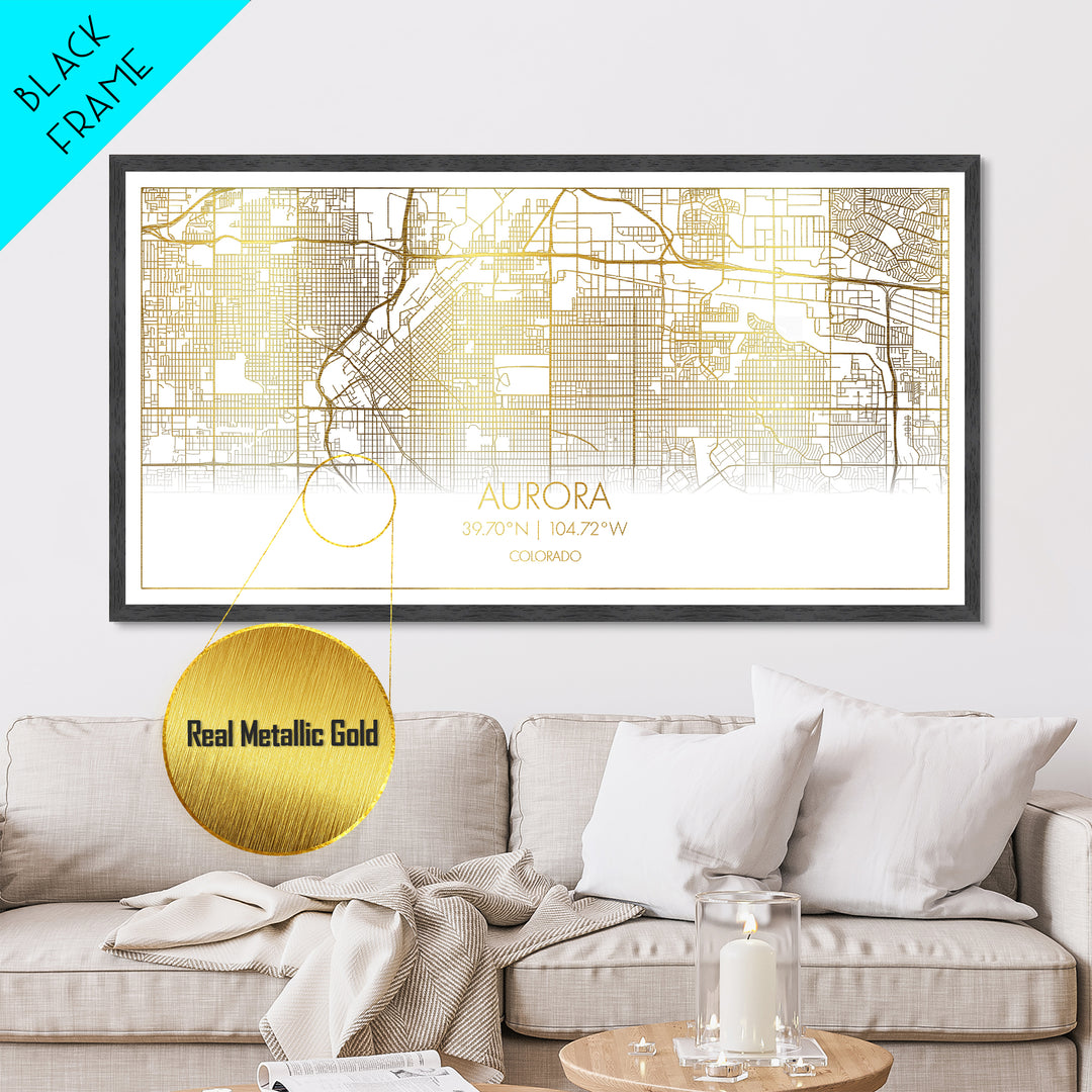 Aurora Colorado City Poster, Metallic Gold Art, Metal Art, real wood frames, black and gold, Street Map Art, Travel Poster, Gold Street Map Art