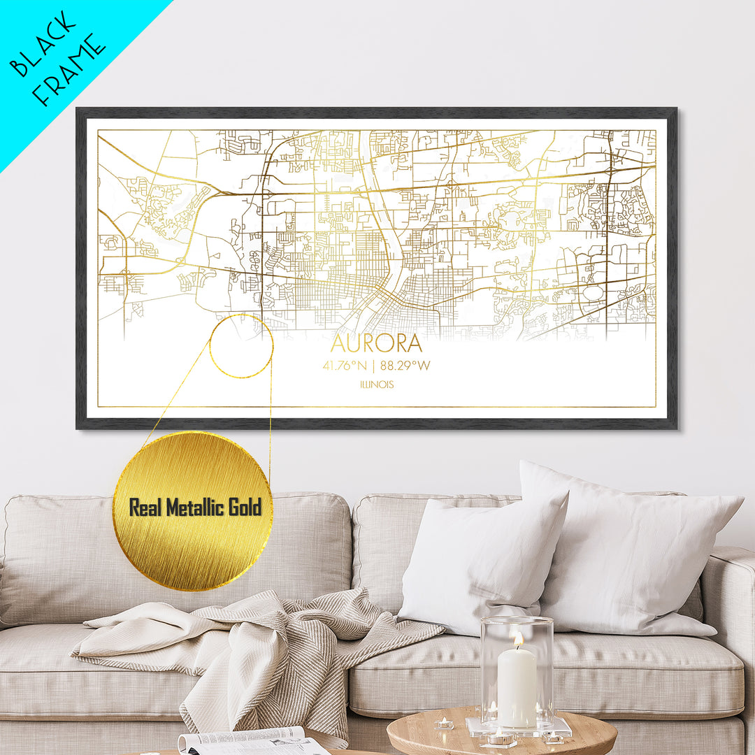 Aurora Illinois City street map, Metallic Gold Print, Metal Art, wood framed map, black and gold, Street Map Art, Map Print Poster, Housewarming Gift