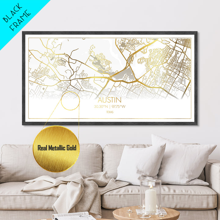 Austin Texas City Poster, Metallic Gold Art, Metal Art, real wood frames, black and gold, Map Art, Real Wood Frames, Travel Poster, Street Map Art
