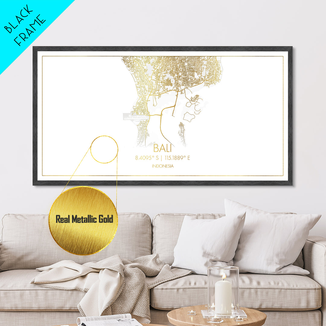 Bali Indonesia City Poster, Metallic Gold Art, Metal Art, real wood frames, black and gold, Travel Poster, Street Map Art, Gold Street Map Art