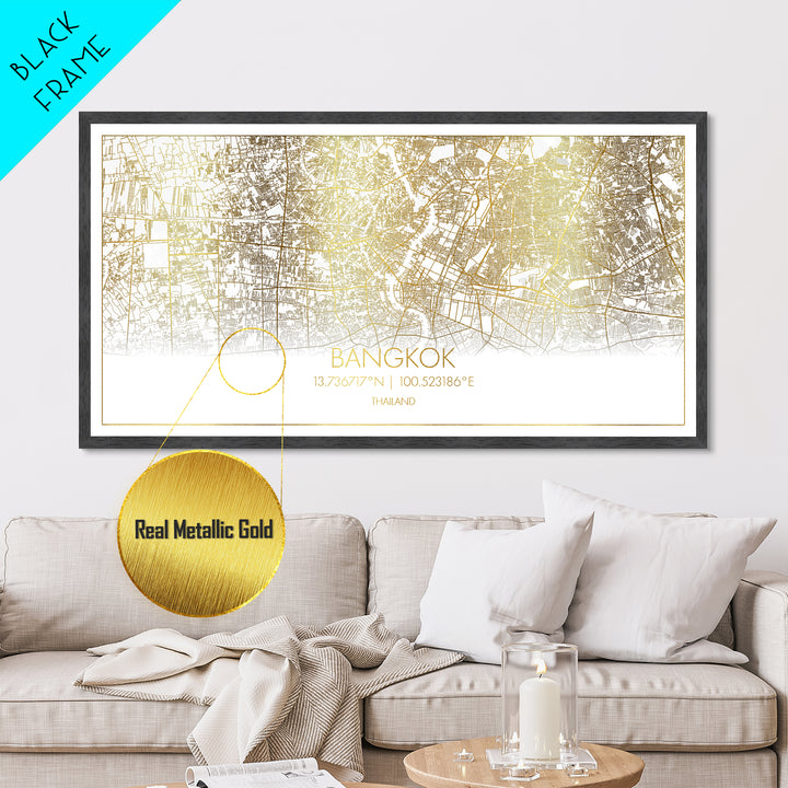 Bangkok Thailand City Poster, Metallic Gold Art, Metal Art, real wood frames, black and gold, Street Map Wall Art, Travel Poster, College Dorm Décor