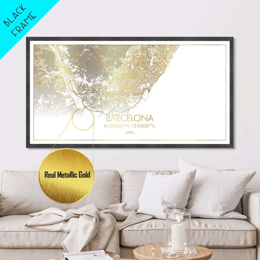 Barcelona Spain City street map, Metallic Gold Print, Metal Art, wood framed map, black and gold, Gold Street Map Art, Street Map Art, Modern House Art