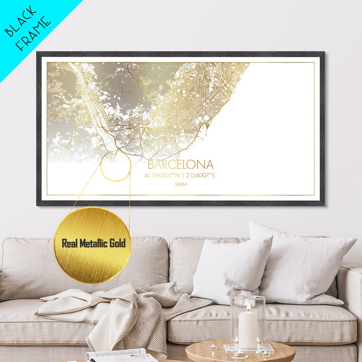Barcelona Spain City street map, Metallic Gold Print, Metal Art, wood framed map, black and gold, Gold Street Map Art, Street Map Art, Modern House Art