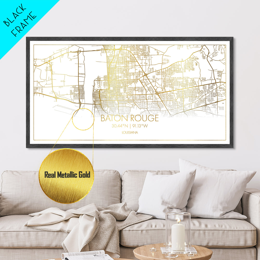 Baton Rouge Louisiana City Poster, Metallic Gold Art, Metal Art, real wood frames, black and gold, Map Print Poster, Travel Poster, Housewarming Gift