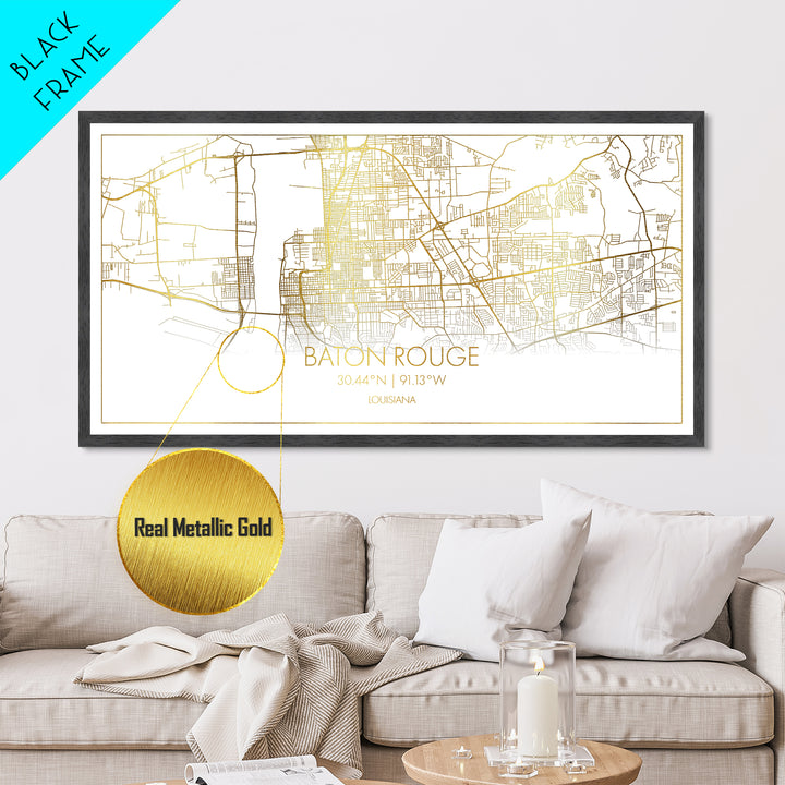 Baton Rouge Louisiana City Poster, Metallic Gold Art, Metal Art, real wood frames, black and gold, Map Print Poster, Travel Poster, Housewarming Gift