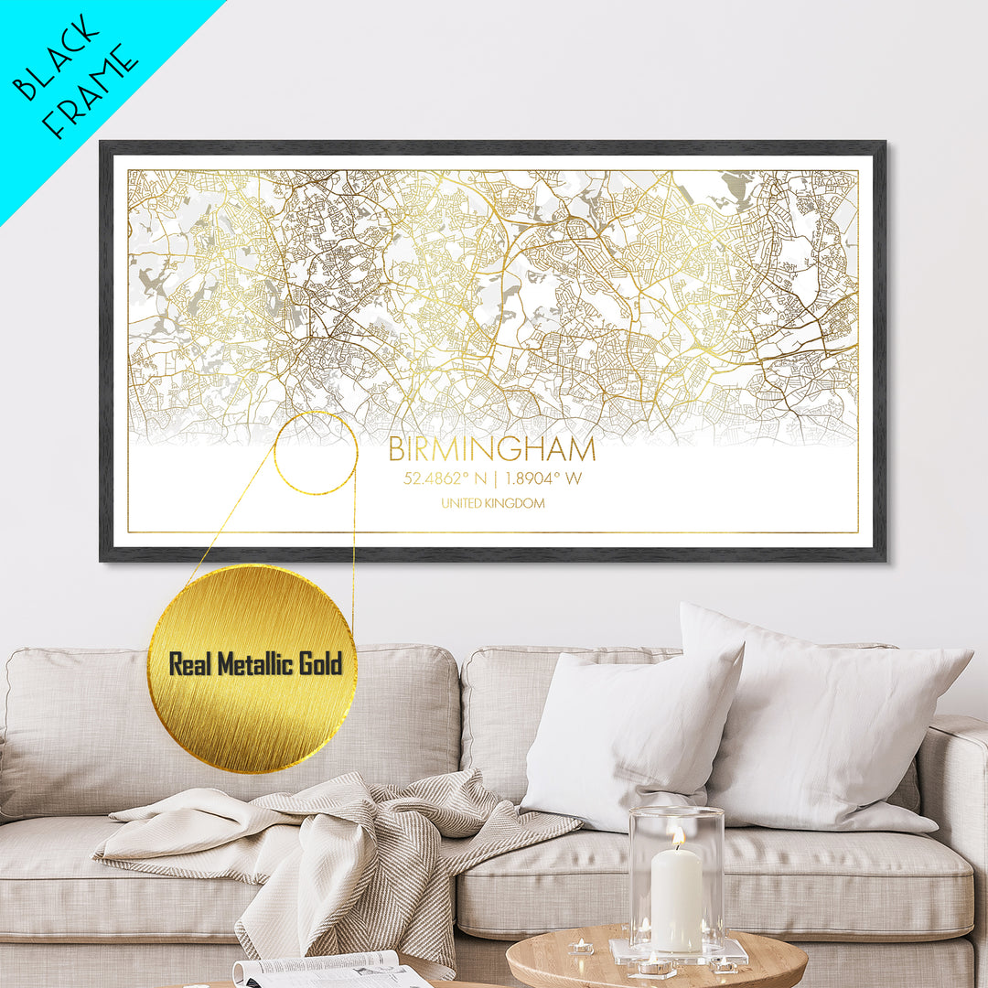 Birmingham United Kingdom City Poster, Metallic Gold Art, Metal Art, real wood frames, black and gold, Street Map Art, Gold Street Map Art, Office Decor