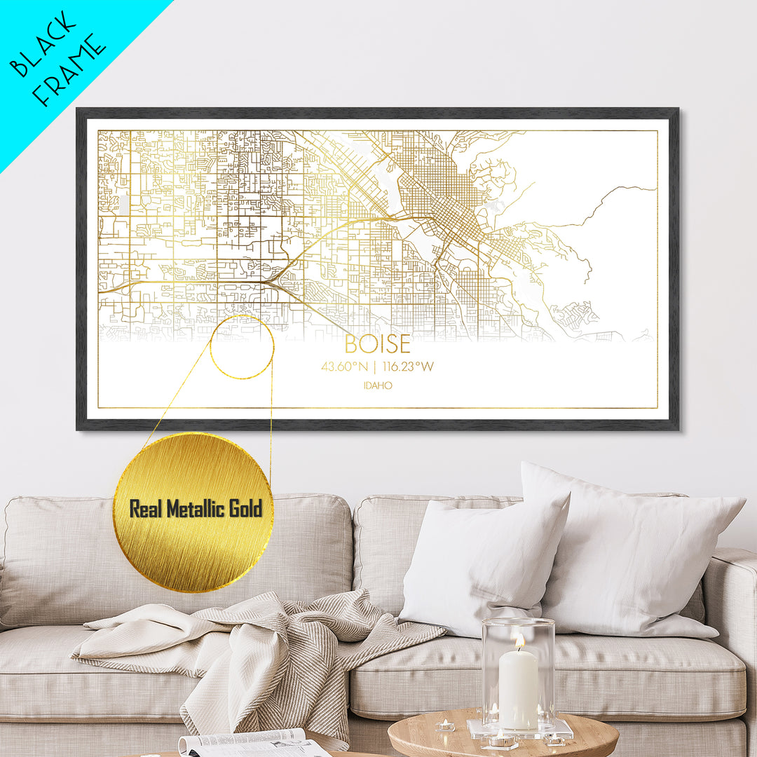Boise Idaho City street map, Metallic Gold Print, Metal Art, wood framed map, black and gold, Map Art, Street Map Wall Art, College Dorm Décor