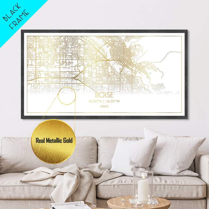 Boise Idaho City street map, Metallic Gold Print, Metal Art, wood framed map, black and gold, Map Art, Street Map Wall Art, College Dorm Décor