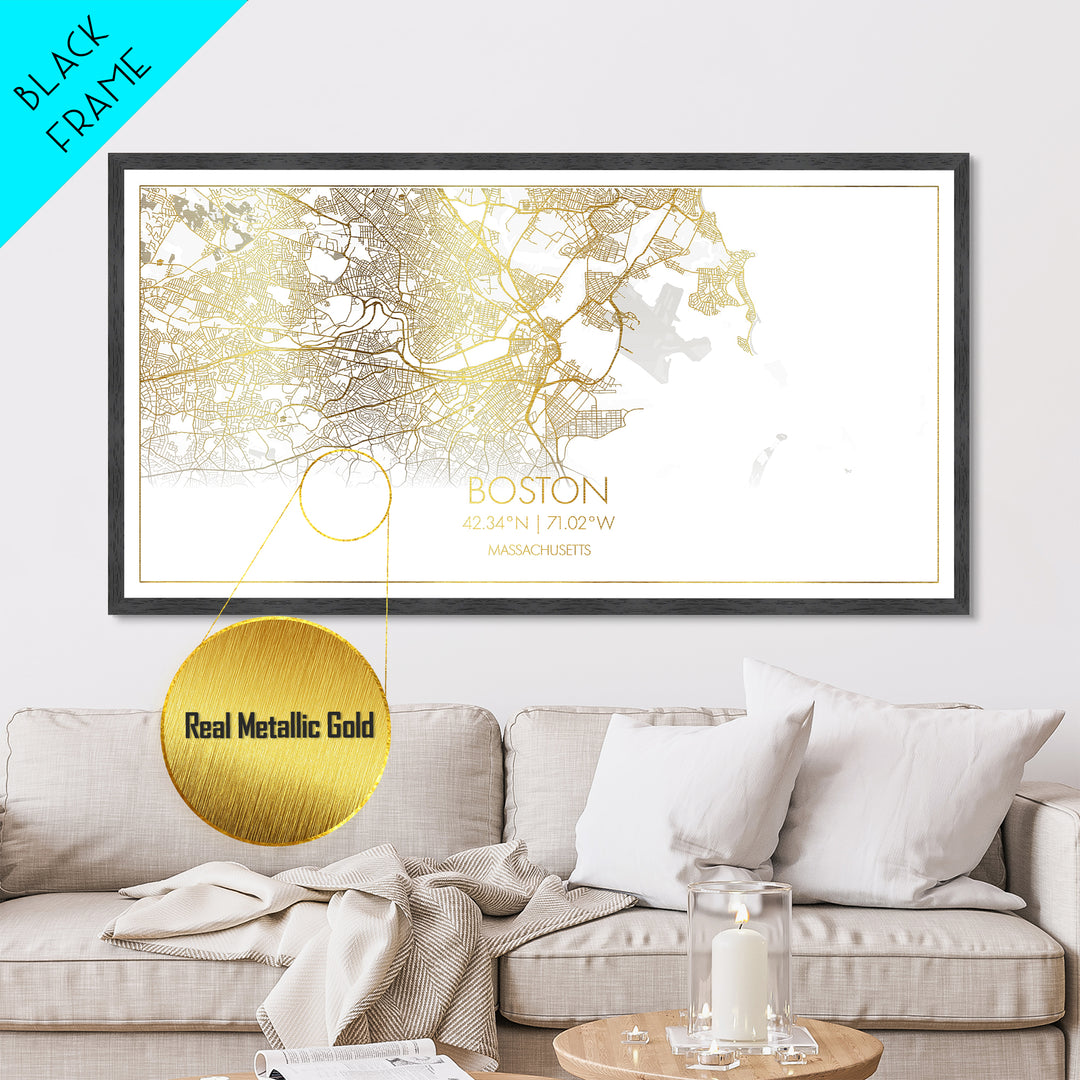 Boston Massachusetts City Poster, Metallic Gold Art, Metal Art, real wood frames, black and gold, Street Map Art, Modern Wall Art