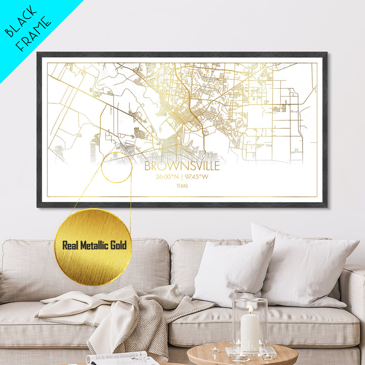 Brownsville Texas City street map, Metallic Gold Print, Metal Art, wood framed map, black and gold, Travel Poster, Street Map Art, Gold Street Map Art