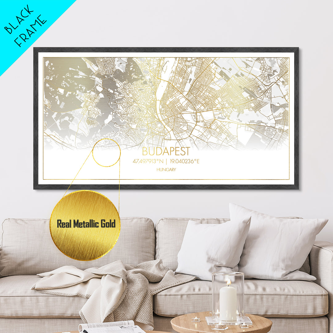 Budapest Hungary City Poster, Metallic Gold Art, Metal Art, real wood frames, black and gold, Street Map Wall Art, Real Wood Frames, Housewarming Gift