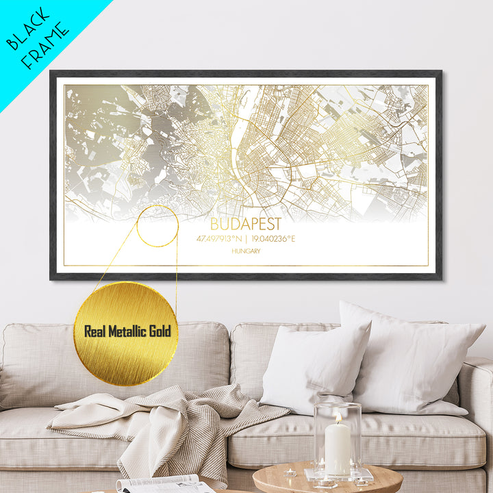 Budapest Hungary City Poster, Metallic Gold Art, Metal Art, real wood frames, black and gold, Street Map Wall Art, Real Wood Frames, Housewarming Gift