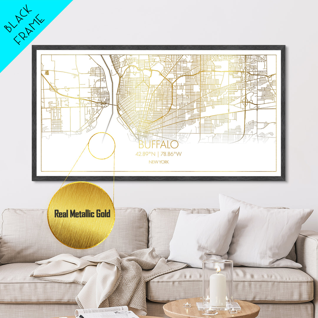 Buffalo New York City street map, Metallic Gold Print, Metal Art, wood framed map, black and gold, Street Map Art, Gold Street Map Art, Modern Wall Art