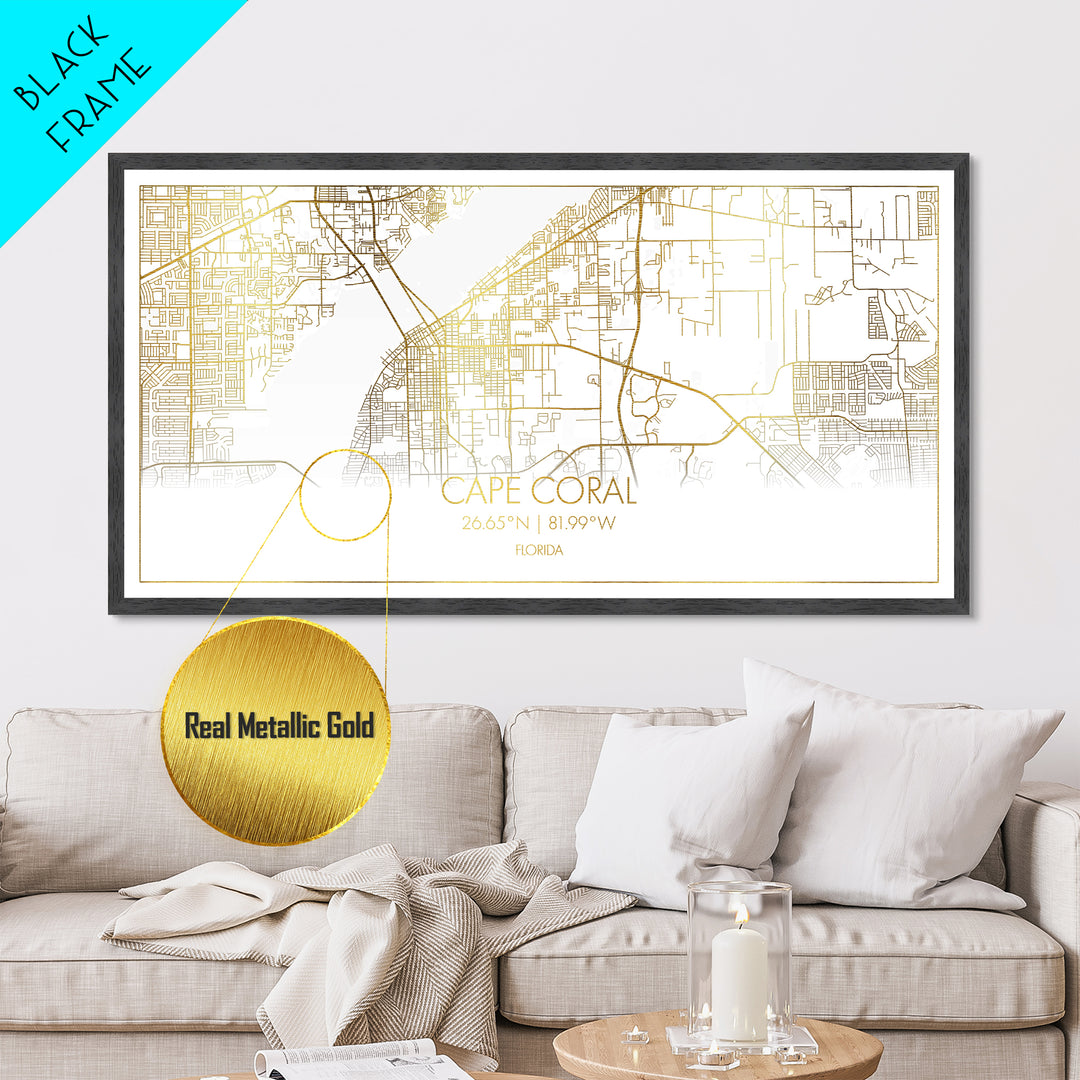 Cape Coral Florida City Poster, Metallic Gold Art, Metal Art, real wood frames, black and gold, Street Map Art, Map Print Poster, Travel Poster